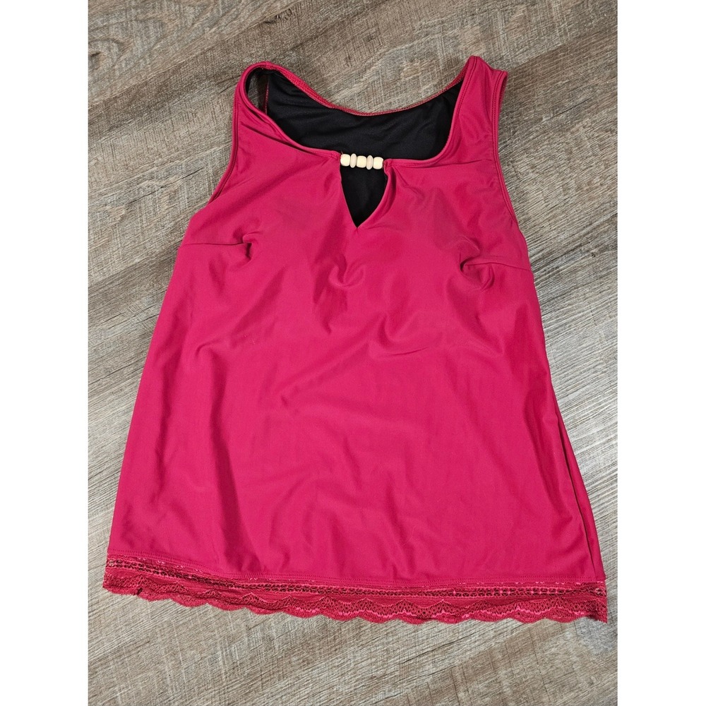 Rotita Magenta Pink Beaded V-Neck Lace Trim Tankini Swim Top Womens Medium
